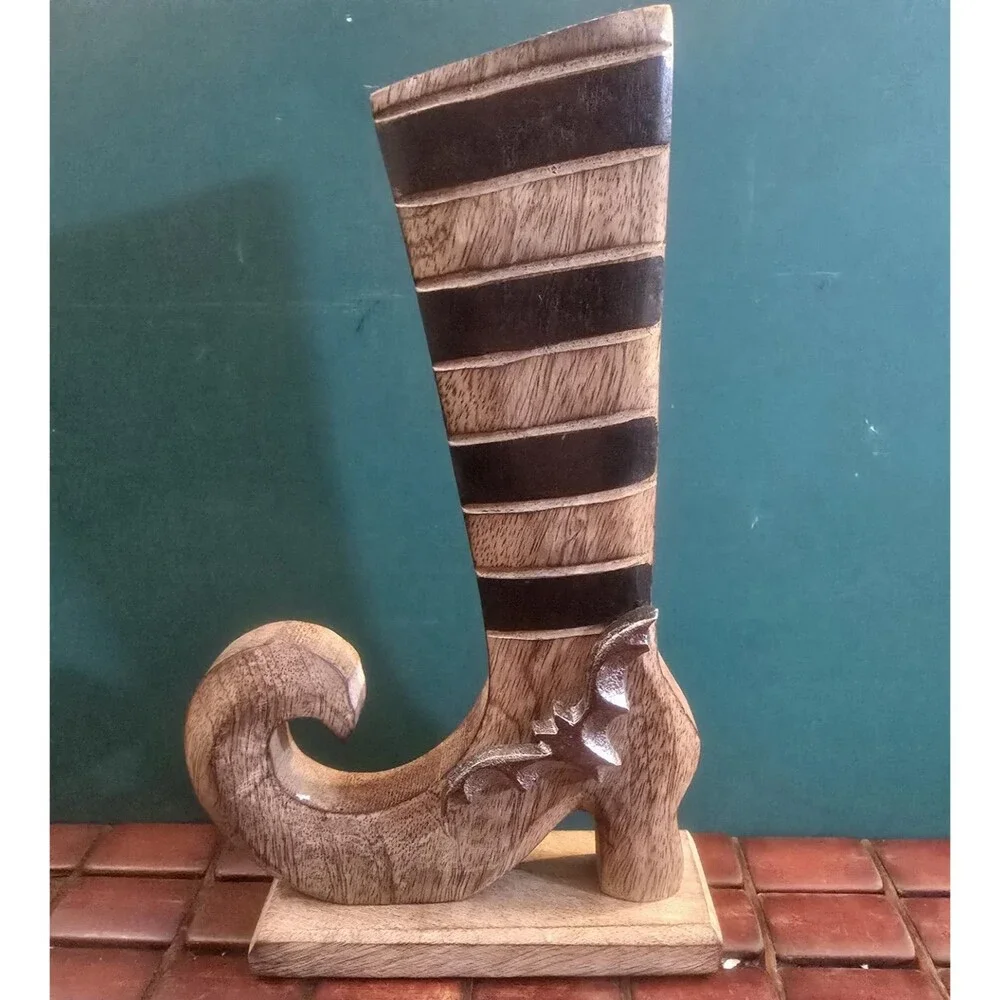 Gothic Witch Boot Halloween Wooden Decor Striped w/ Metal Bat 10.5